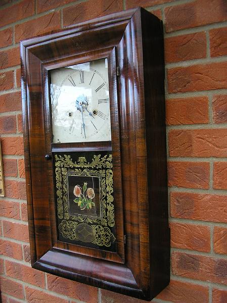 P3240001.JPG - 'One Day Weight Clock' by E.N. Welch of Connecticut. Circa 1835-40 Found derelict in a garden shed. Restoration project. Now a prized family heirloom.